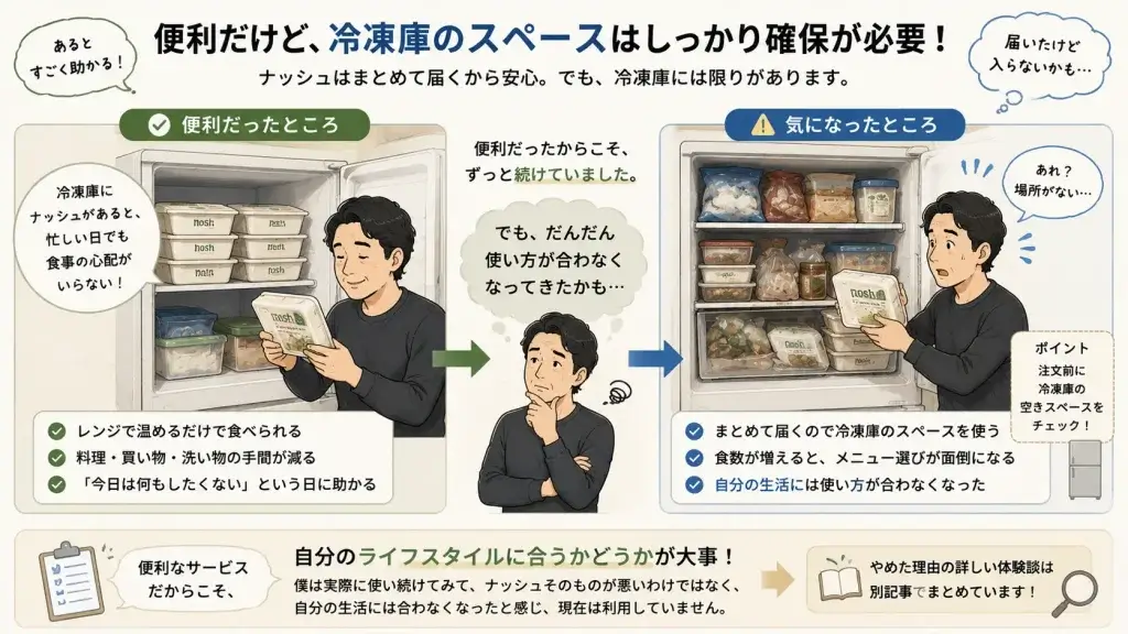 ナッシュをまとめて注文したものの、冷凍庫のスペースが足りず困っている40代男性を描いたイラスト