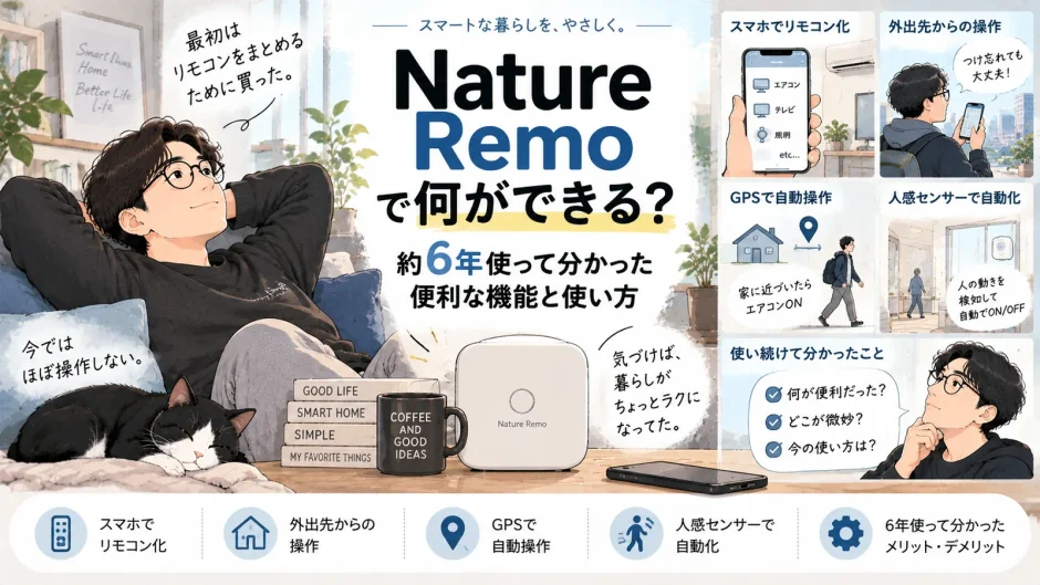 Nature Remoを約6年使った男性が、スマホでのリモコン操作やGPS・人感センサーによる自動化など便利な使い方を紹介するアイキャッチ