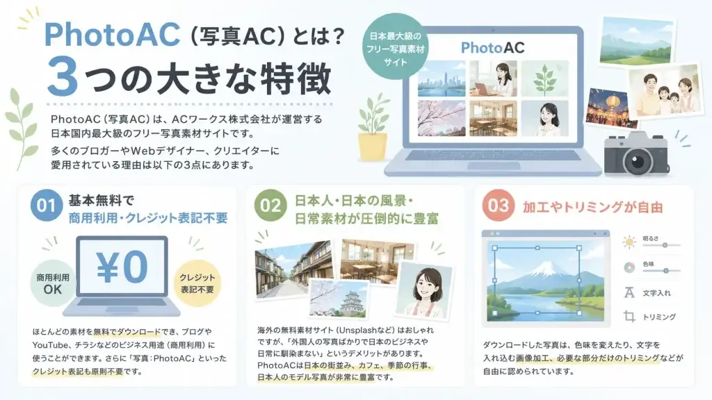 PhotoAC（写真AC）の特徴である商用利用、豊富な日本向け写真素材、画像加工・トリミングについて解説したイラスト