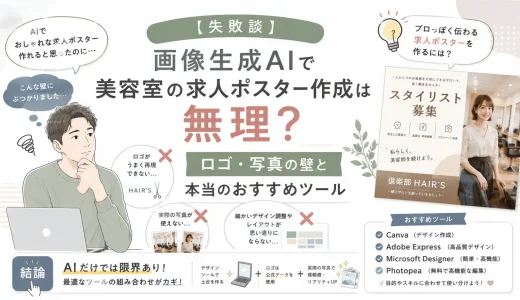 画像生成AIで美容室の求人ポスターを作成した実体験と、ロゴや写真の課題、おすすめツールを紹介するイラストアイキャッチ