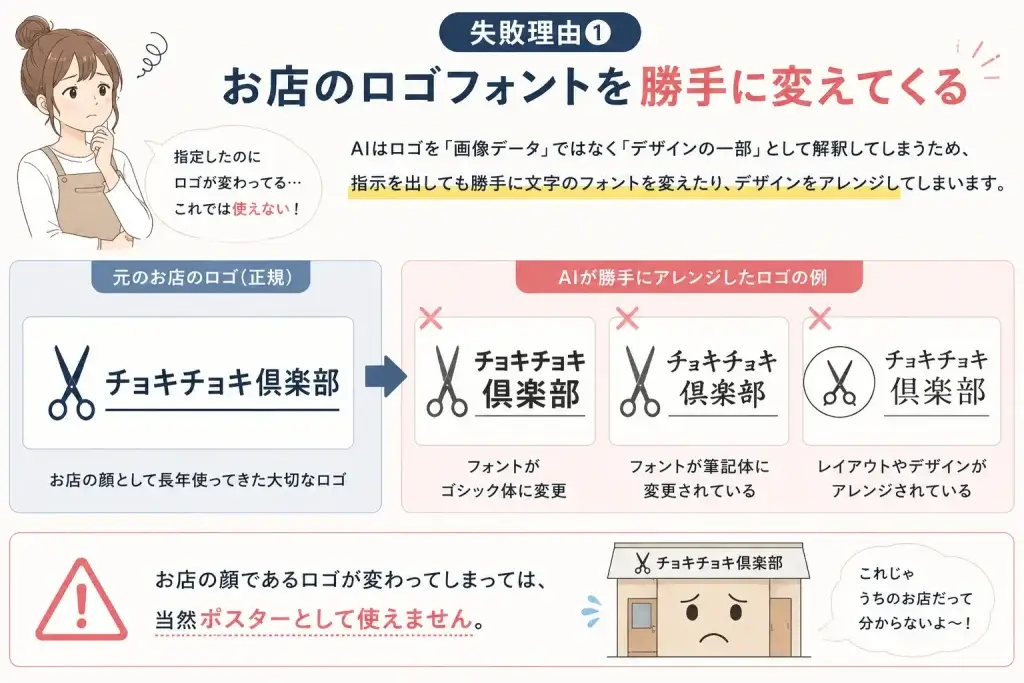 画像生成AIが店舗ロゴのフォントやデザインを勝手に変更してしまい、実用的なポスターに使えない理由を解説したイラスト