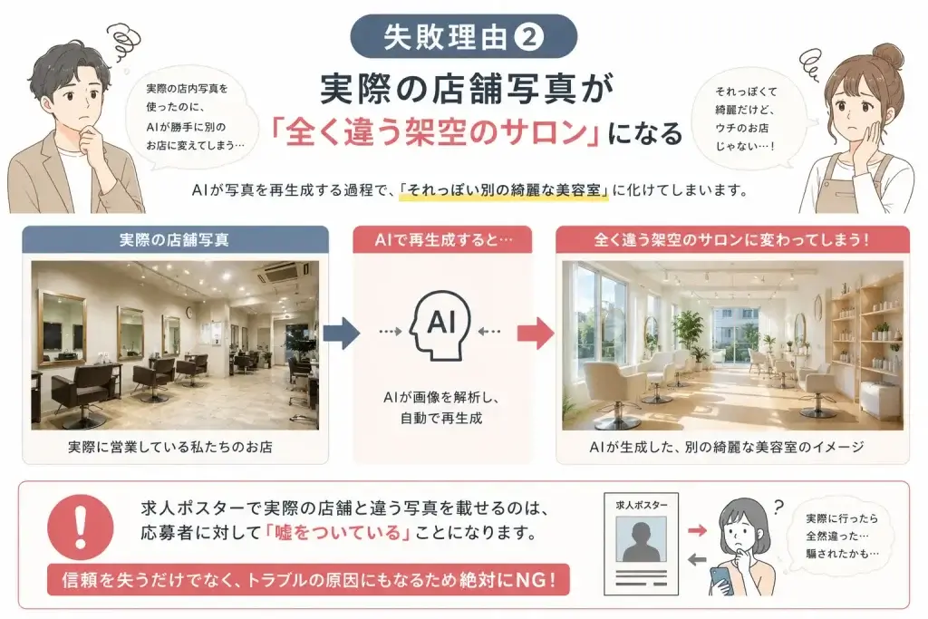 画像生成AIが実際の美容室の写真を別の架空のサロンへ変えてしまい、求人ポスターに使えない理由を解説したイラスト