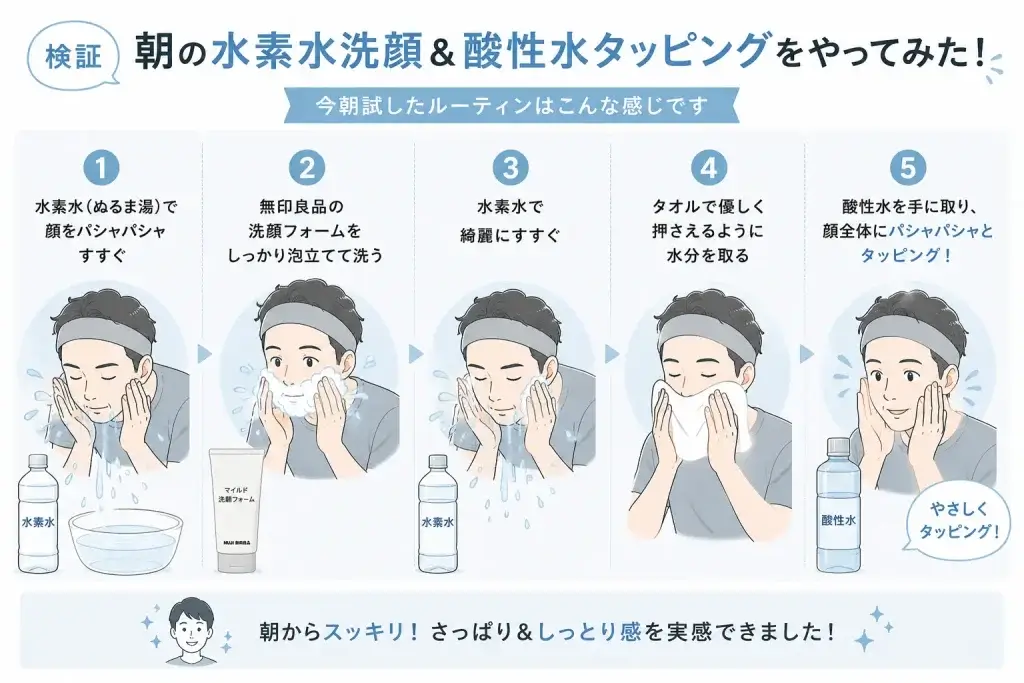 水素水でのすすぎ、洗顔フォーム、タオルドライ、酸性水タッピングまで、朝に試した5ステップの洗顔ルーティンを紹介したイラスト