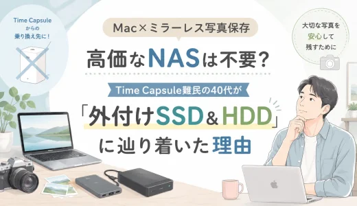 Macとミラーレスカメラの写真保存先として、外付けSSDとHDDを検討する40代男性を描いたアイキャッチ