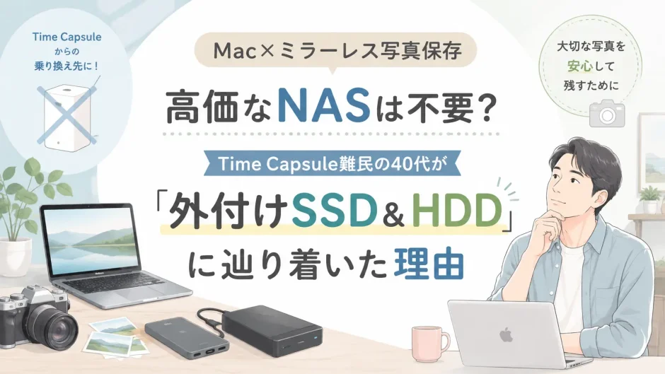 Macとミラーレスカメラの写真保存先として、外付けSSDとHDDを検討する40代男性を描いたアイキャッチ