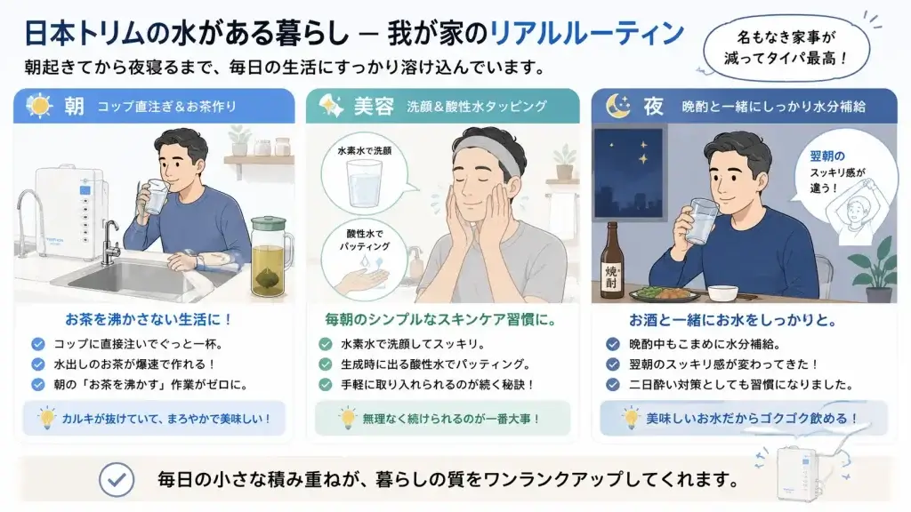 日本トリムの水を朝の飲用と水出し茶、毎朝の洗顔や酸性水でのパッティング、夜の晩酌時の水分補給に使っている日常ルーティン