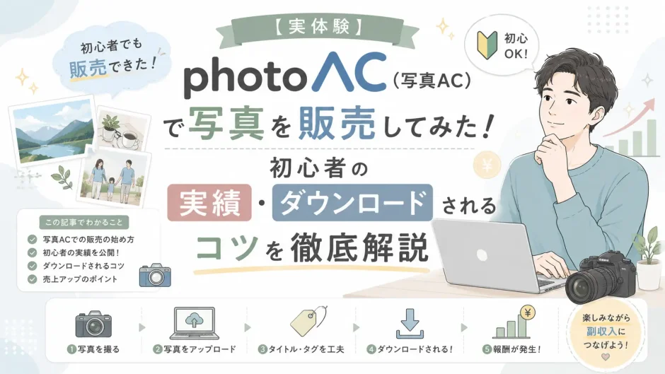 写真ACで写真を販売した実体験をもとに、初心者の実績とダウンロードされるコツを解説するアイキャッチ