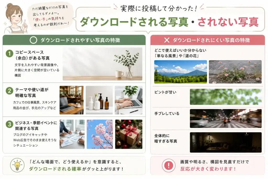 写真ACで実際に投稿して分かった、ダウンロードされやすい写真の特徴と反応が少ない写真の違いをまとめた比較イラスト