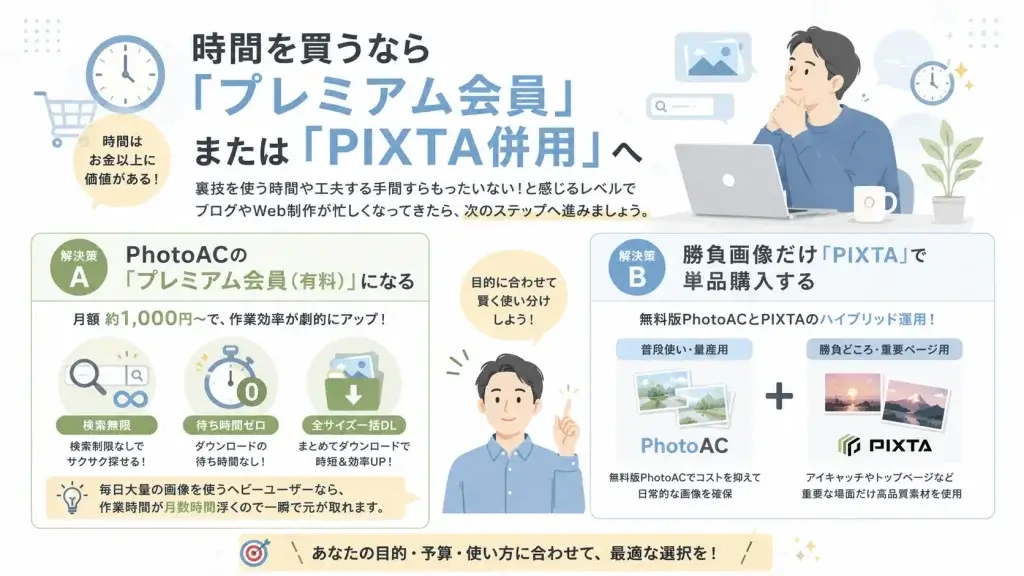 PhotoACのプレミアム会員とPIXTAを使い分けるハイブリッド運用を比較し、作業時間と画像品質を両立する方法を紹介するイラスト