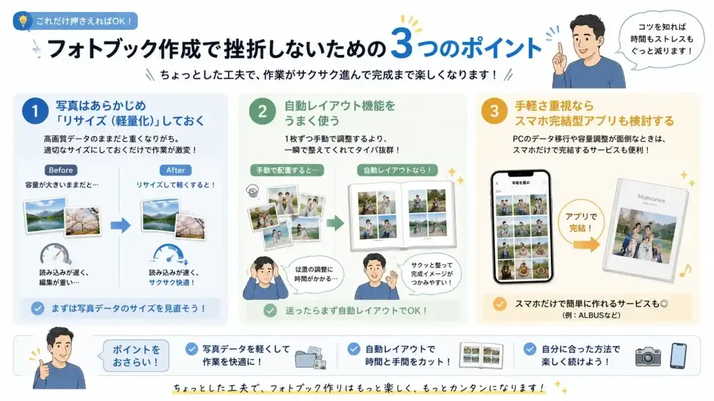 フォトブック作成をスムーズに進めるための、写真のリサイズ、自動レイアウト機能の活用、スマホ完結型サービスという3つの方法を整理したイラスト