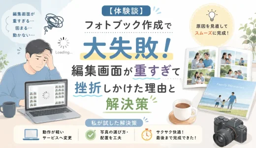 フォトブック作成中に編集画面が重くなり、挫折しかけた体験と解決策を紹介するアイキャッチ