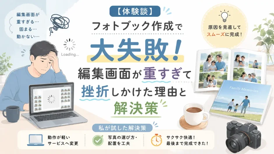 フォトブック作成中に編集画面が重くなり、挫折しかけた体験と解決策を紹介するアイキャッチ