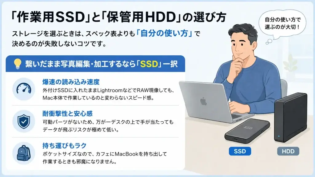 写真編集やRAW現像を外付けストレージ上で行う場合にSSDが向いている理由を、読み込み速度・耐衝撃性・持ち運びやすさの3点から解説したイラスト