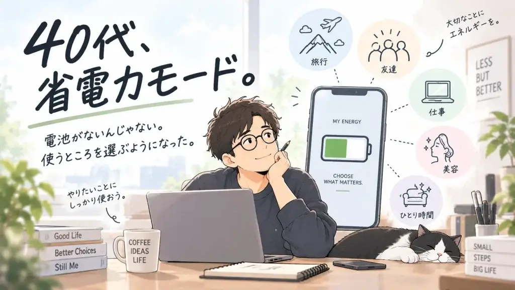 40代男性が、限られた時間やエネルギーを旅行・友人・仕事・美容・ひとり時間など、大切にしたいことへ選んで使う様子を表したイラスト