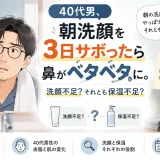 40代男性が朝洗顔を3日サボって鼻のベタつきに気づき、洗顔不足と保湿不足について考える記事のアイキャッチ