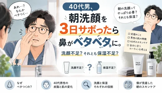 40代男性が朝洗顔を3日サボって鼻のベタつきに気づき、洗顔不足と保湿不足について考える記事のアイキャッチ