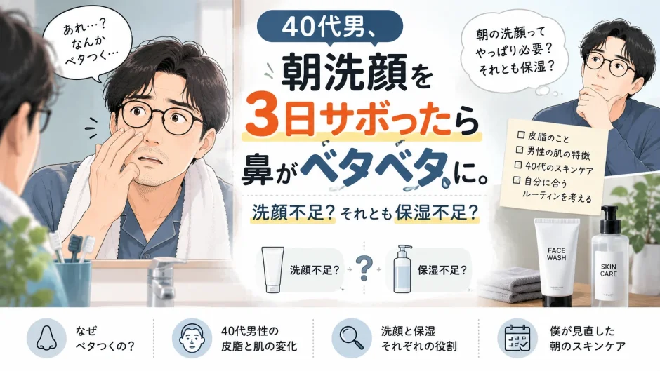 40代男性が朝洗顔を3日サボって鼻のベタつきに気づき、洗顔不足と保湿不足について考える記事のアイキャッチ
