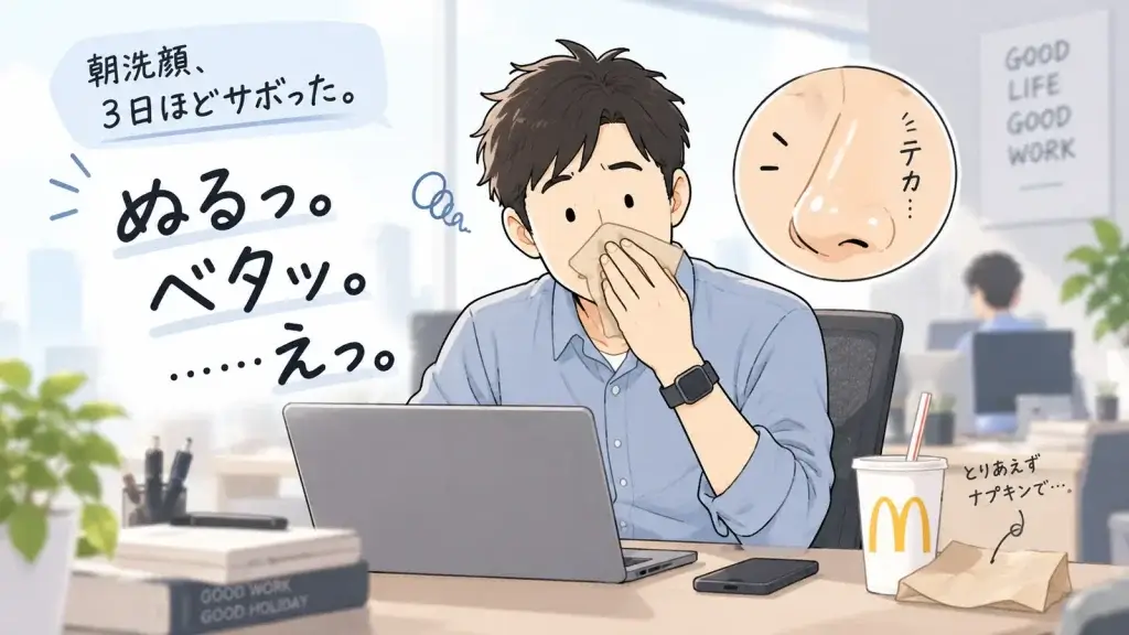 朝の洗顔フォームを3日ほど使わなかった40代男性が、仕事中に鼻のベタつきに気づき、紙ナフキンでやさしく押さえているイラスト