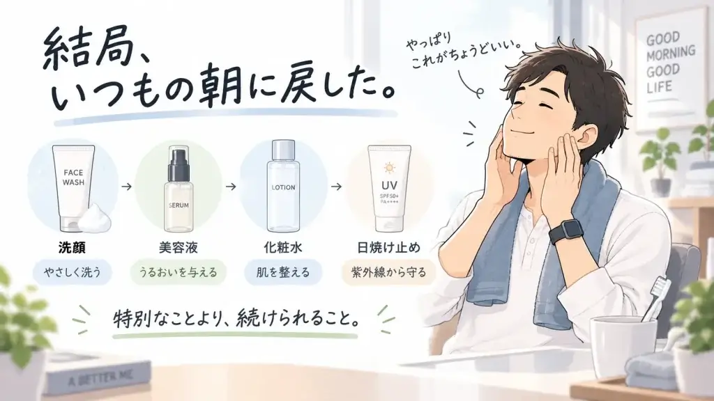 40代男性が朝に続けている、洗顔フォームでの洗顔、美容液、化粧水、日焼け止めのシンプルなスキンケアルーティンを示したイラスト