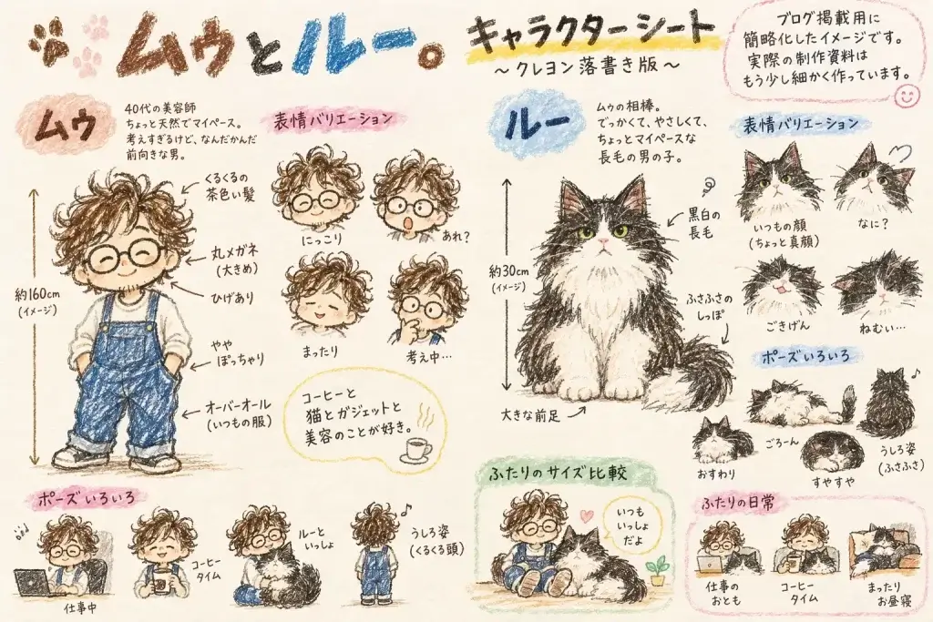 AIでLINEスタンプを作るためのムゥとルーのキャラクター設定シート