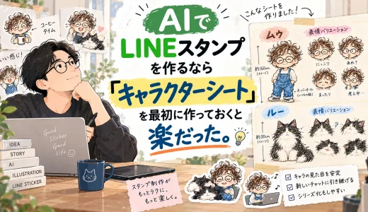 AIでLINEスタンプを制作する前に作った、ムゥとルーのキャラクターシートを紹介する記事のアイキャッチ