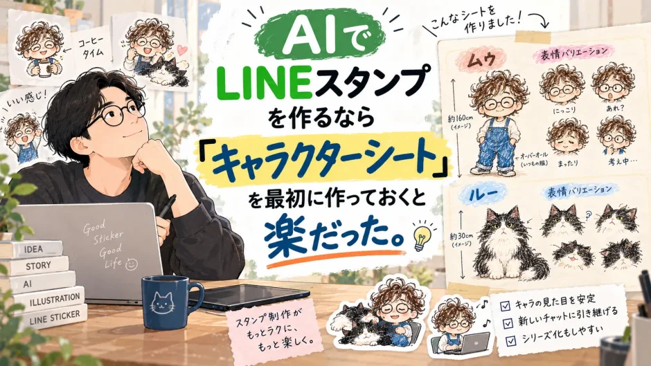 AIでLINEスタンプを制作する前に作った、ムゥとルーのキャラクターシートを紹介する記事のアイキャッチ