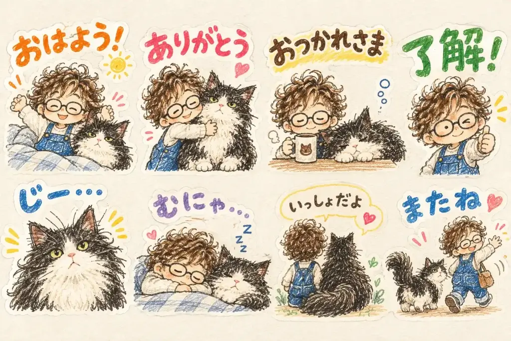 キャラクター設定シートをもとにAIで展開したLINEスタンプの作例8種類