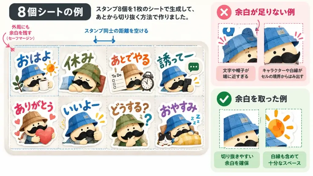 AIでLINEスタンプ8個を1枚のシートに生成する際の余白とセーフマージンを解説した図