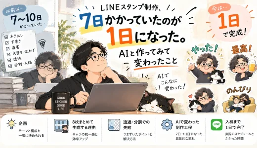AIを使ったLINEスタンプ制作で、従来7日ほどかかっていた工程が1日になった実体験を描いたアイキャッチ