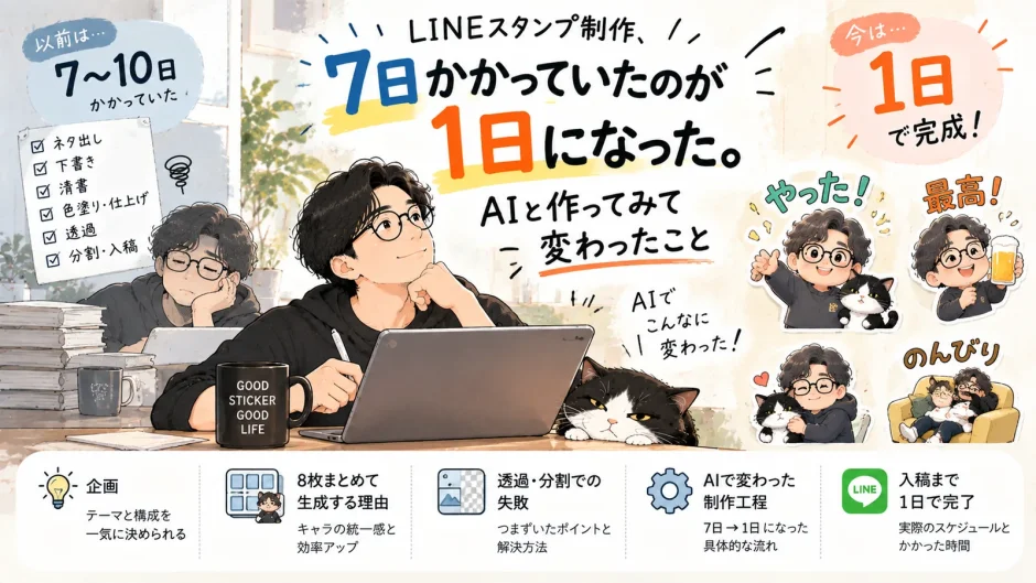 AIを使ったLINEスタンプ制作で、従来7日ほどかかっていた工程が1日になった実体験を描いたアイキャッチ