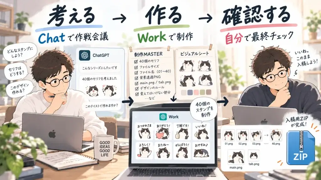 ChatGPTのチャットでLINEスタンプの企画を詰め、Workで制作し、最後に自分で確認して入稿用ZIPを完成させる制作フローを表したイラスト