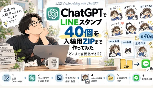 ChatGPTでLINEスタンプ40個を制作し、透過PNGやmain・tab画像から入稿用ZIPまで作る工程を紹介するアイキャッチ