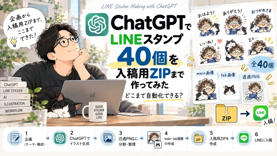 ChatGPTでLINEスタンプ40個を制作し、透過PNGやmain・tab画像から入稿用ZIPまで作る工程を紹介するアイキャッチ