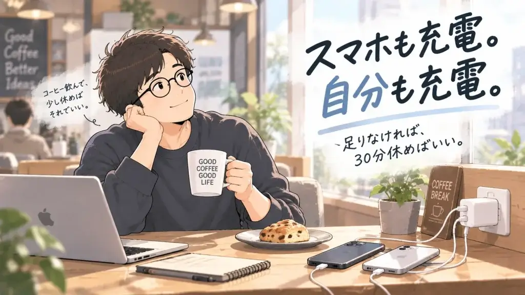 カフェでコーヒーを飲んで休憩しながら、USB-CでiPhoneを充電する40代男性