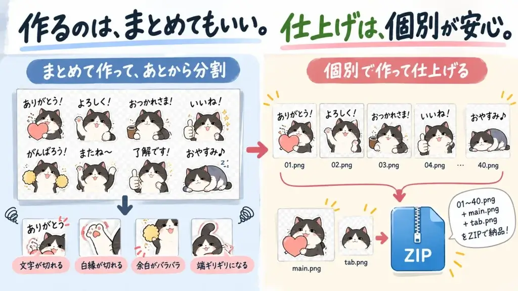 8個まとめたLINEスタンプシートを分割すると文字や白縁、余白に問題が出る場合があり、最終データは個別PNGで仕上げてZIPにまとめる流れを示したイラスト