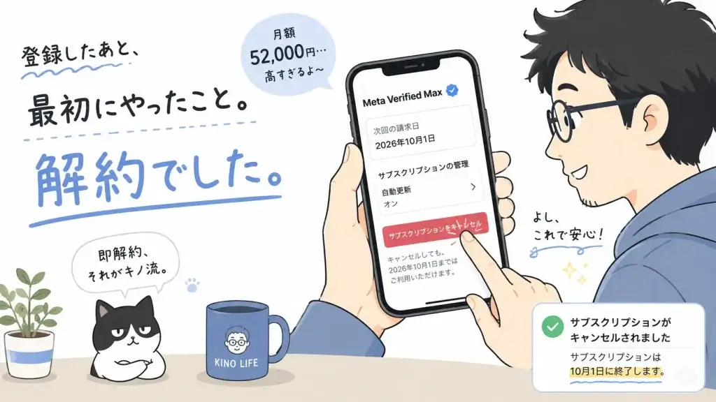 Meta Verified Maxに登録後すぐ解約し10月1日まで利用できることを確認するイラスト
