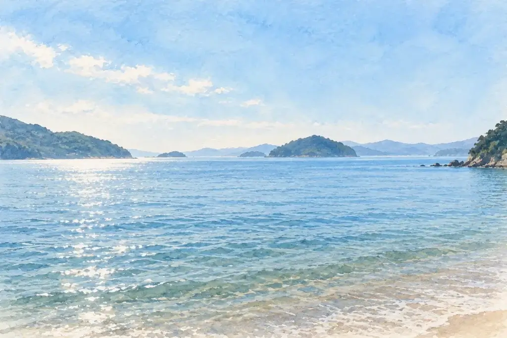 直島から眺める穏やかな瀬戸内海を描いた水彩画風イラスト
