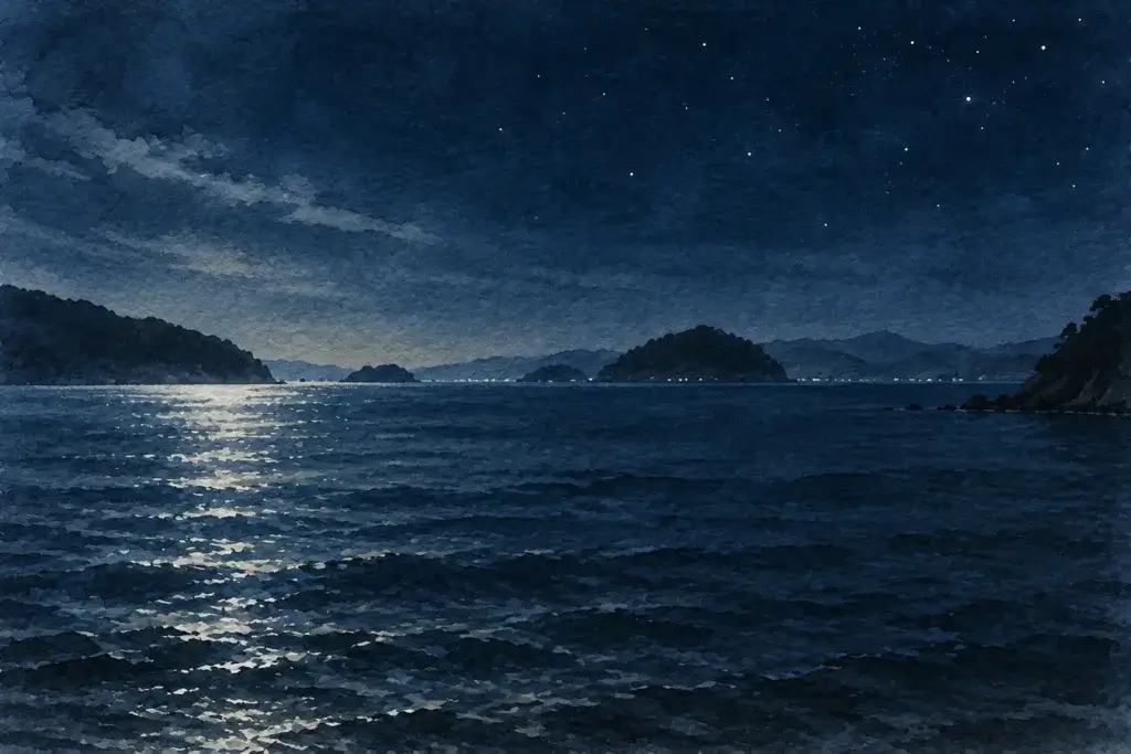 夜の直島で見た暗い瀬戸内海と島影を描いた水彩画風イラスト