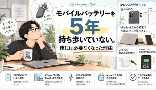 モバイルバッテリーを5年間持ち歩いていない40代男性が、iPhone2台やMacBook、USB-C充電を活用する充電環境を紹介するアイキャッチ