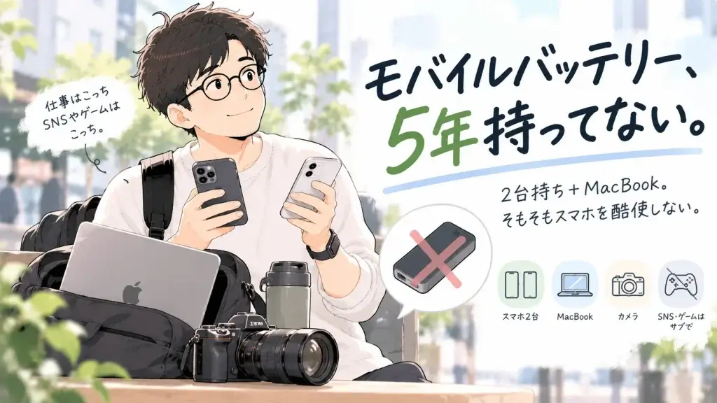 iPhone2台とMacBook、カメラを持って外出する40代男性が、モバイルバッテリーを持たずに過ごしている様子