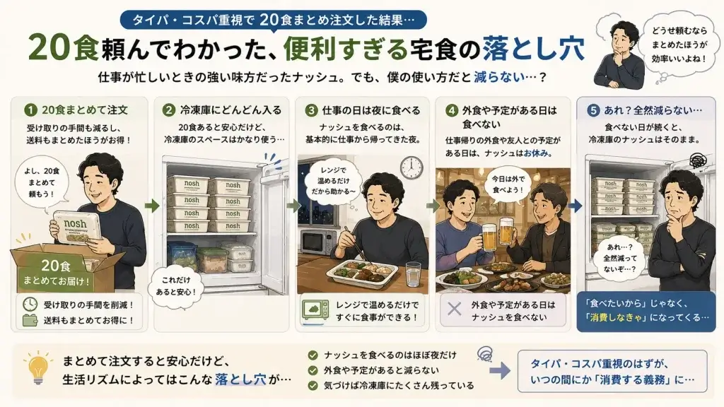 ナッシュを20食まとめて注文し、冷凍庫にたくさんの冷凍弁当が入っている様子を描いたイラスト