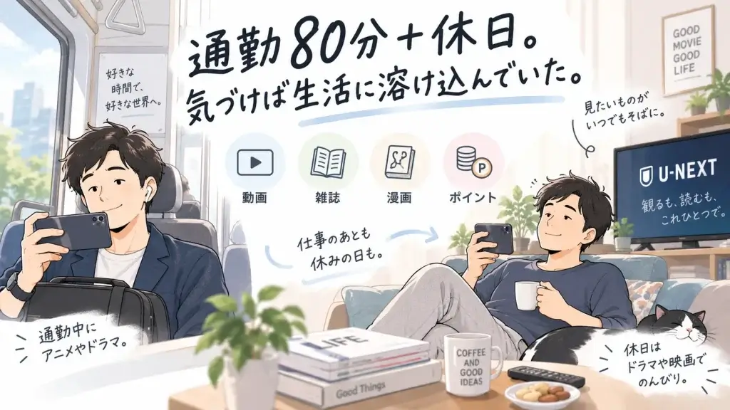通勤中はスマホで動画を見て、休日は家でテレビや雑誌・漫画を楽しむ40代男性のU-NEXT利用シーン