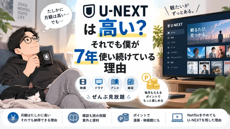 U-NEXTを7年使い続けている40代男性が、料金や雑誌読み放題、ポイントなど継続している理由を紹介するアイキャッチ