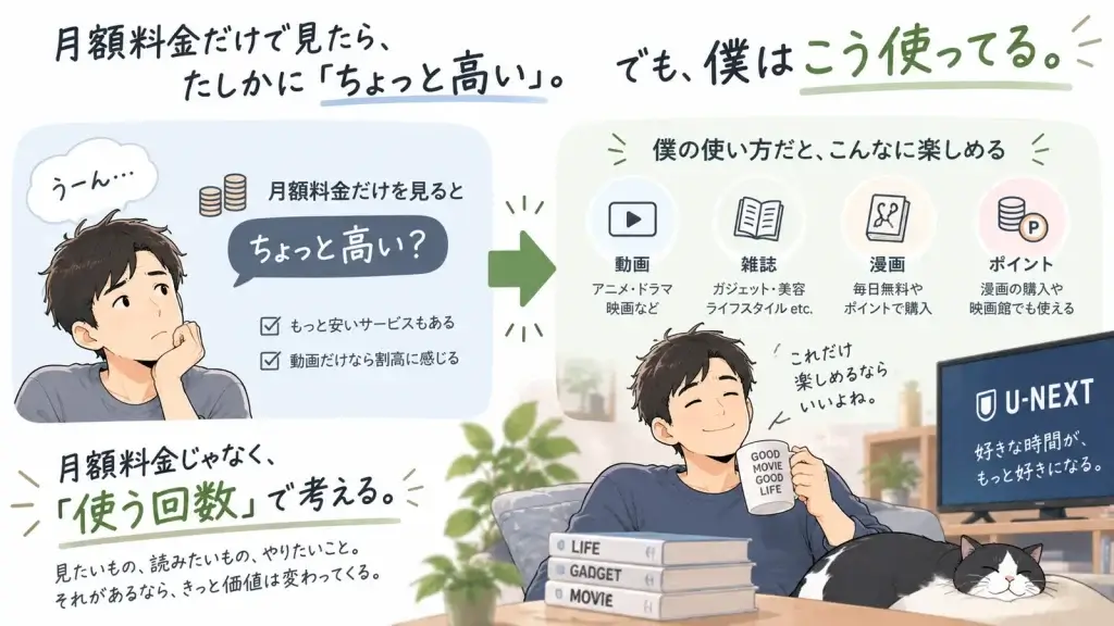 U-NEXTの月額料金だけを見る場合と、動画・雑誌・漫画・ポイントまで活用する40代男性の使い方を比較したイラスト