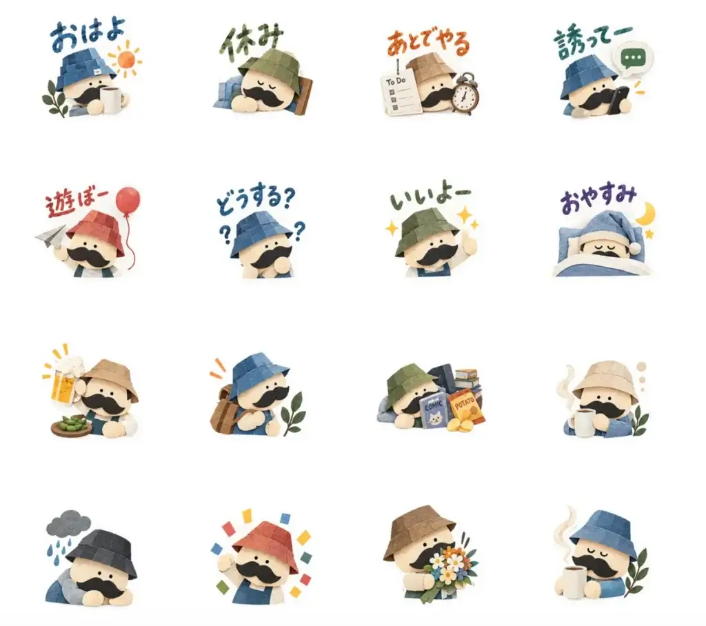 10年前に自分で作成したLINEスタンプを参考にAIで作成したLINEスタンプの一覧画像