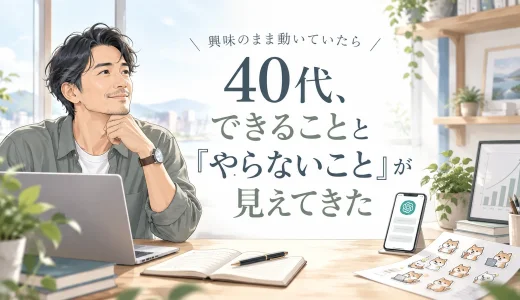 興味のまま新しいことに挑戦しながら、やることとやらないことを選ぶ40代男性のイメージイラスト