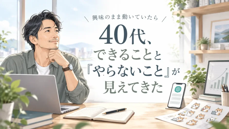 興味のまま新しいことに挑戦しながら、やることとやらないことを選ぶ40代男性のイメージイラスト