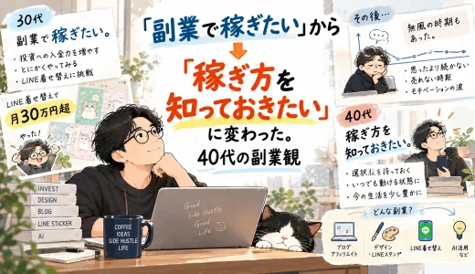 30代の「副業で稼ぎたい」から、40代の「稼ぎ方を知っておきたい」へ変化した副業観を振り返るアイキャッチ