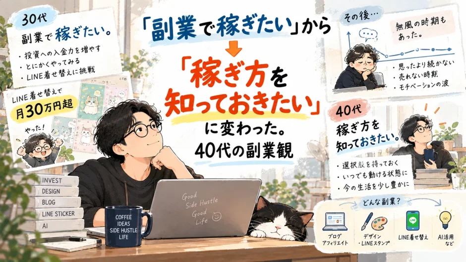 30代の「副業で稼ぎたい」から、40代の「稼ぎ方を知っておきたい」へ変化した副業観を振り返るアイキャッチ