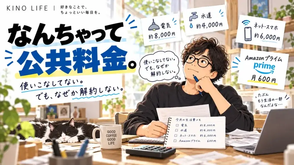 Amazonプライムを電気や水道のような「なんちゃって公共料金」として捉え、使いこなしていなくても解約しない理由を考える40代男性のイラスト